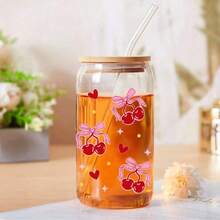 Copo de vidro de 473ml (16oz) com estampa de laço e cereja, isolamento térmico de camada dupla, canudo e tampa de madeira. Copo exclusivo para meninas, ideal para aniversários, Dia dos Namorados e outras ocasiões especiais. - Multicolorido - Ver 6