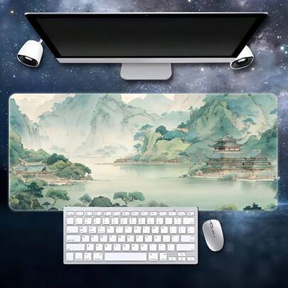 1 buc. Pad de mouse pentru jocuri mare, cu peisaj chinezesc, bază antiderapantă din cauciuc, margini cusute, covoraș extins pentru tastatură, suprafață ultra netedă, imprimeu de înaltă definiție cu peisaje montane, pad de birou pentru casă și birou