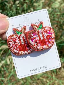 1 Pair Apple Shape Rice Bead Pearl Earrings - Hand-Designed And Stitched 'Rice Bead Pearl + Sequin + Chain' Apple Shape Earrings, Personalized Fashion Women's Fashion Jewelry - Multicolor - View 9