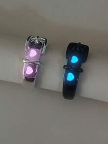 ATLVXJL 2pcs/Set Couple Friendship Family Glow-In-The-Dark Pink Heart Transparent Oil Blue Light Watch Band Style Open Adjustable Silver Black Couple Ring Set, Casual Jewelry Rings Suitable For Daily Wear And Holiday Gift Giving - Multicolor - View 6