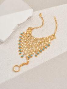 1pc Vintage Bohemian Style Geometric Tassel Adjustable Finger Ring Bracelet, Suitable For Women Performance, Party, Gathering - Multicolor - View 5