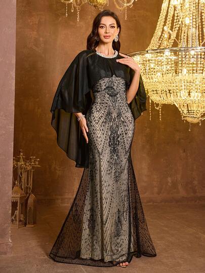 [Random Cut] Women's Round Neck Cape Sleeve Pearl Decor Mesh Embroidery Patchwork Party Evening Dress