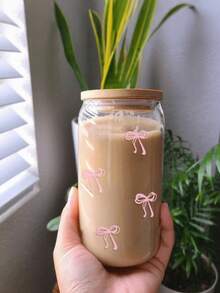 Glass Cup With Bamboo Lid, Reusable Pink Bow Design Iced Coffee Cup, Aesthetic Style Travel Mug For Women And Girls - Multicolor - View 5
