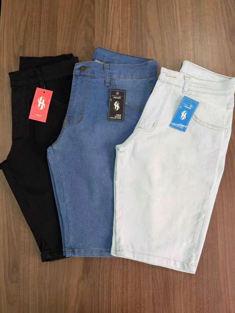 Set Of 4 Men's Light Black, Dark Black, Medium Black Denim Shorts With Elastane, Slim Fit, Direct From The Factory, Premium, Various Washes - 淺藍色 - 查看 1