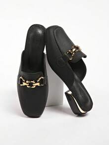 Women's Summer Slippers, New Square Toe Flat Slip-On Mules - Black - View 4