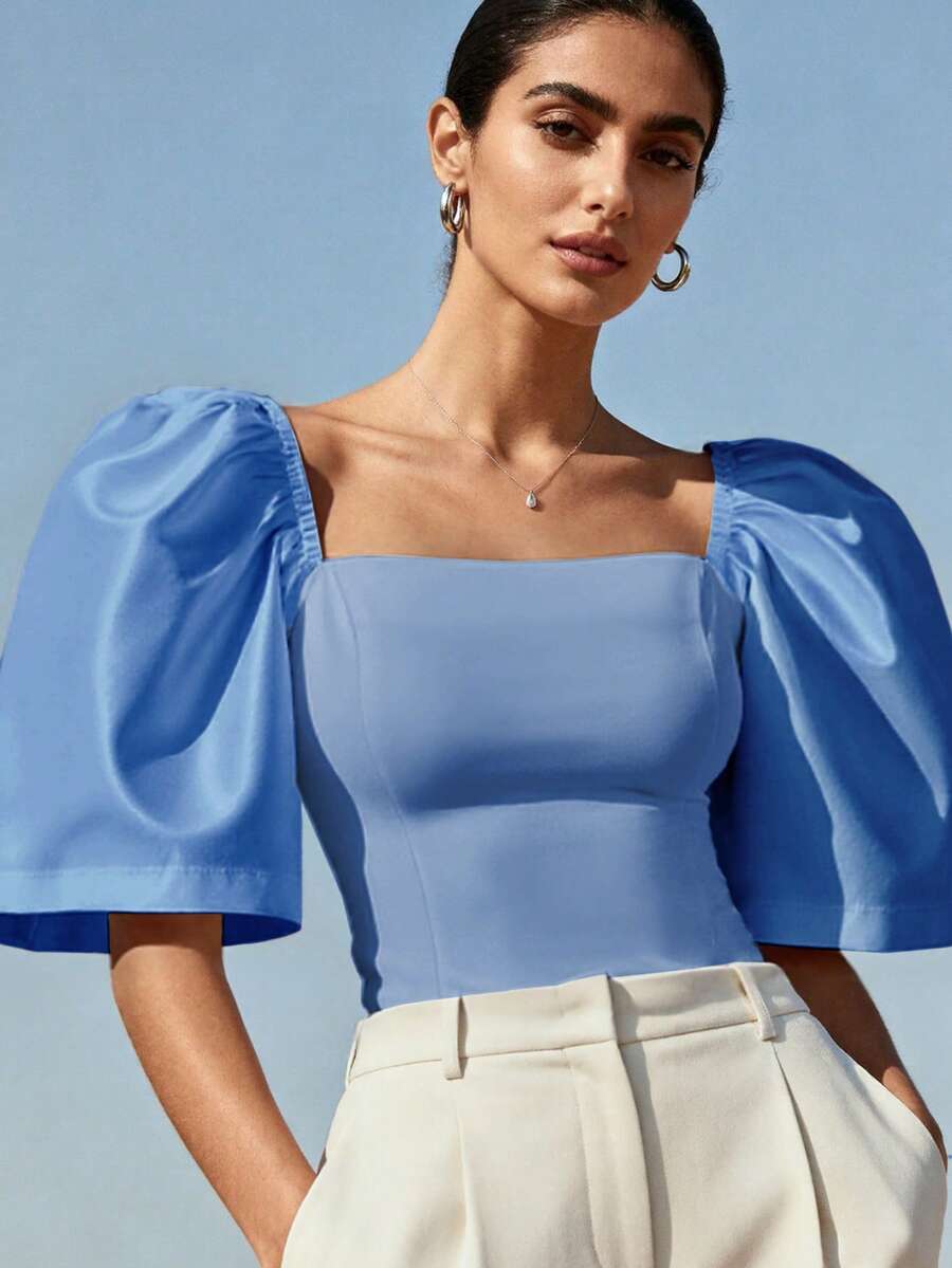 一件纯色方领泡泡袖上衣，适合日常穿着、生日派对、度假、春季穿着。 - 藍色 - 查看 1