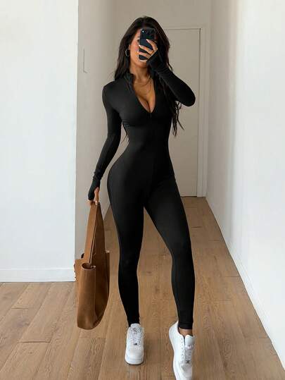 Casual Solid Color Zipper Skinny Jumpsuit Pants