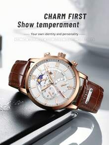 LIGE Fashion Men's Quartz Watch Sun-Moon Dial Design Water-Resistant For Daily Wear Luminous Classic Triple-Subdial Design Clock-Style Hour Hand Men's Timepiece - Silver - View 7