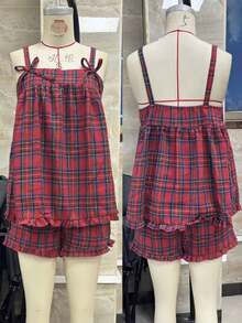 Women's Plaid Shorts Outfit Loose Fit Stylish Bows Ruffled Trim Spaghetti Strap Tops And Shorts 2 Pcs Set - Pink - View 8