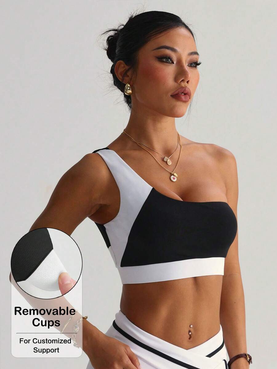 Women's Fashion Black & White Removable Padded One Shoulder Sports Knit Bra - Black and White - View 1