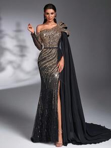 New Fashion Luxury Elegant Contrast Color Sequin Bead Embroidery Fabric Patchwork Chiffon Flutter Sleeve Side Ruched Design Fitted Waist Belt High Slit To Thigh Formal Evening Gown For Banquet Party Birthday Wedding Event Red Carpet Bachelorette Party Holiday Ball Ceremony (Heavy Workmanship Style) - Black - View 10