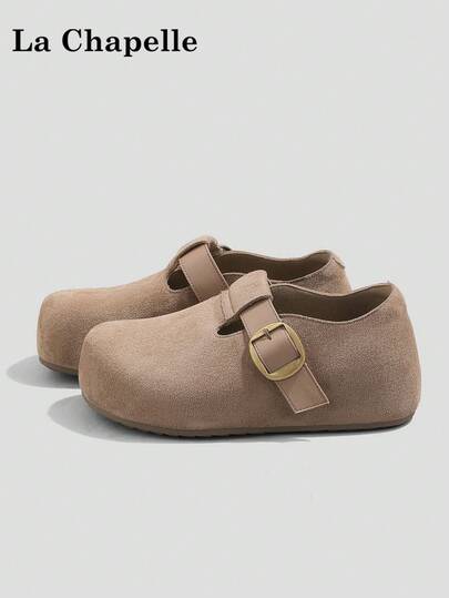 1 Pair La Chapelle Women's Thick Sole Soft Bottom Slip-On Casual Shoes, Low-Top Outdoor Flat Shoes, Round Toe Low Heel Non-Slip Solid Color Elegant Soft Bottom Hiking Shoes Suitable For Students Graduation Photos, Women Low-Top Leather Sneakers