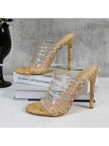 lunryet Women's Strappy High Heel Mules – Cork Open Toe Slip-On Sandals - Clear - View 1