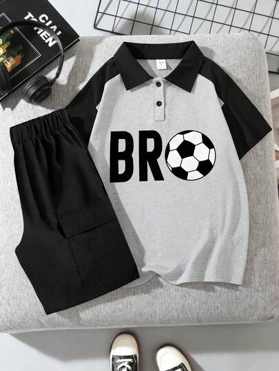 2pcs/Set Boys' Fashion Polo Shirt & Shorts Set, Printed With Letter & Football Pattern, Classic Collar Design, Stylish For Casual Wear & Sports