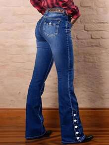 Women's Large-Sized Solid Blue Flap-Front Bag Opening Pleated Cuffed Trouser Jeans, Denim Pants, Women's High-Waisted Retro Mature Fashionable Denim Pants, Stretchable Large-Sized Denim Pants - 中藍色 - 查看 13