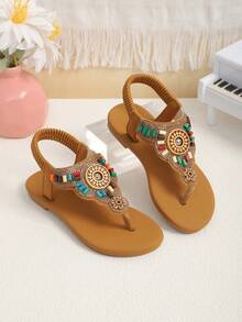 1 Pair Children's Summer Flat Sandals, Rhinestone Embellished Uppers, Sun Decor, Slip-On, Bohemian Style Brown Beach Vacation Sandals - Brown - View 8