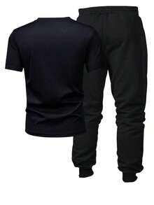 2pcs/Set Men Summer Paris Letter Printed Short Sleeve T-Shirt And Drawstring Waist Casual Pants Outfit, Personalized Sports Tracksuit, Suitable As Gift For Husband Or Boyfriend, Great For Outdoor Casual Wear - 黑色 - 查看 3