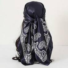 90Cm Color Dingcloth Printing Square Scarf European And American Classic Flower Satin Simulation Silk Scarf Women's Shawl Headscarf Scarf - 大紅色 - 查看 4