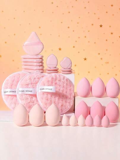 30 件套化妆海绵套装：包含 15 个超柔软、不吸水的美容海绵 + 3 个用于定妆粉的大圆形海绵 + 12 个便携式海绵（拇指形/三角形），全部装在一个柔软、亲肤、小巧的收纳盒中。