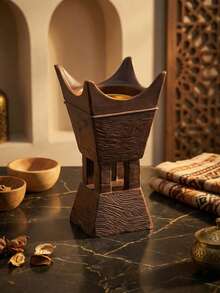 1 Pc/Set Dark Brown Wood Grain Crown Top Resin Incense Burner. Modern Wabi-Sabi Style Bakhoor Burner. Tall Foot Design With Upper And Lower Spliced Structure Incense Burner. - Multicolor - View 10