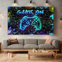 1pc Gamer Controller Wall Decal, Graffiti Style Neon Splatter Design With Text, Durable Polyester Material, Suitable For - A - View 1