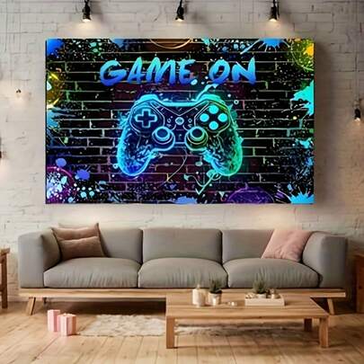 1pc Gamer Controller Wall Decal, Graffiti Style Neon Splatter Design With Text, Durable Polyester Material, Suitable For