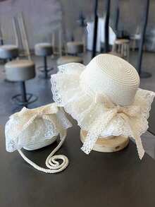 1 件装女童太阳帽，透气薄款夏季防晒帽，小女孩蝴蝶结沙滩帽，儿童太阳帽 - 蕾絲蝴蝶結草帽 - 查看 8