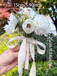 Bridal Wedding Bouquet With Heart-Shaped Diamond Ribbon Decor, Artificial Rose Flowers, Suitable For Destination Wedding Ceremony, Anniversary, Valentine's Day Decoration - Multicolor - View 13