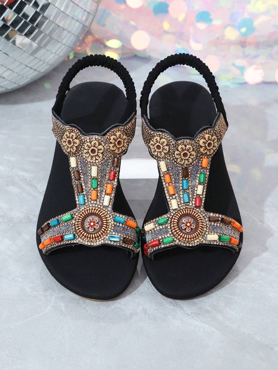 1 Pair Kids Summer Flat Sandals, Colorful Rhinestone Elastic Band Slip-On, Bohemian Style Flower Decor, Children Beach Sandals, Suitable For Vacation. The Color And Arrangement Of The Beads Are Random. - Black - View 1