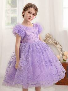Elegantes Partykleid für Kleine Mädchen mit Lavendel-Spitze, Mesh-Stickerei, Prinzessinnenkleid geeignet als Geburtstagsgeschenk für Mädchen, für Bankette, Hochzeitszeremonien, wichtige Anlässe, Festivalfeiern, Bühnenauftritte - Violett - Übersicht 10