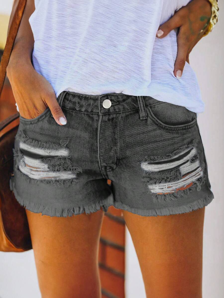 Shorts jeans femininos de cintura alta com efeito desgastado, modelo folgado para o verão com barra desfiada. - Cinza escuro - Ver 1