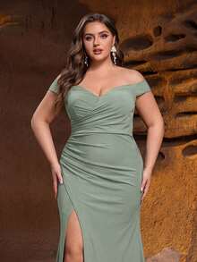 Faeriesty 大码女士露肩紧身晚礼服，高开衩设计展现优雅身姿——完美适用于盛大的新年派对、奢华的婚礼招待会和正式的节日舞会等春季派对。 - 綠色 - 查看 4
