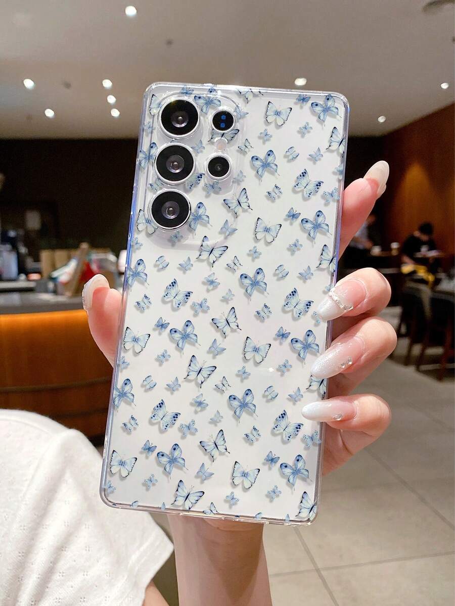 1pc Blue Butterfly Pattern Transparent TPU Soft Phone Case, Anti-Fall Anti-Scratch Anti-Fingerprint, Precise Camera Cutout, Compatible With Samsung, Apple, Nothing, Pixel, INFINIX, Redmi - Clear - View 1