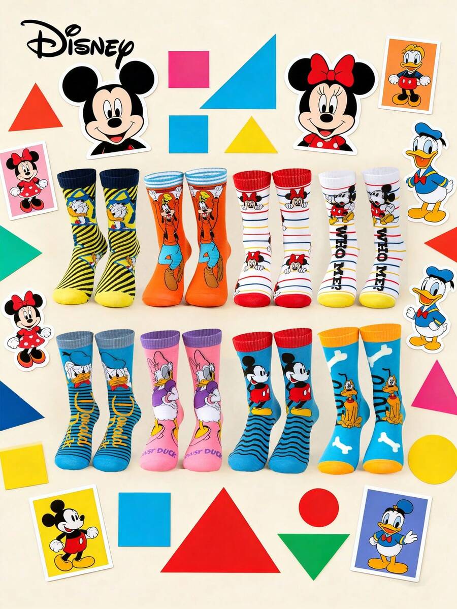 Disney 1/3/5 Pairs Spring Summer Disney Iconic Characters (Donald Duck/Goofy/Minnie/Mickey/Daisy Duck/Pluto) Bold Pop Art Moment Mixed Pattern & Striped Elastic Breathable Style Crew Socks Daily Casual/International Women's Day/St. Patrick's Day Disney Character Socks Soft Comfortable Fashion Socks For Teens & Adults - Multicolor - View 1