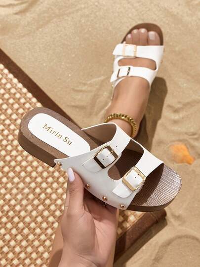 Women's Flat Sandals, Solid Color Minimalist Versatile Hollow Buckle Decor Design Glossy Patent Leather White Ladies Outdoor Slippers, Rivet Wooden Texture Slip-On Thick Sole Open Toe Women's Casual Vacation Beach Party Fashion Elegant Sandals