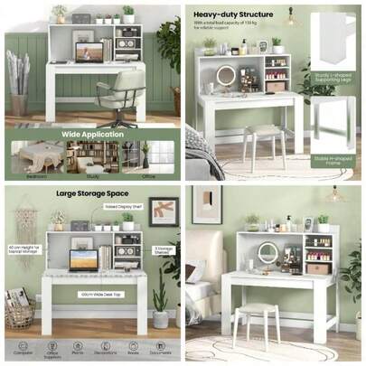 Computer Desk With Storage Bookshelf, Wooden Study Table Writing Workstation With Management Hole, PC Laptop Table Working Desk Home Office Bedroom White