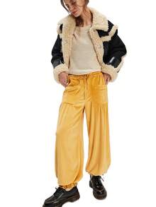 Women Elastic Drawstring Low Waist Cinched Ankle Fleece Long Pants With Pockets Y2k Going Out Vintage Velvet Bloomers - 黃色 - 查看 4