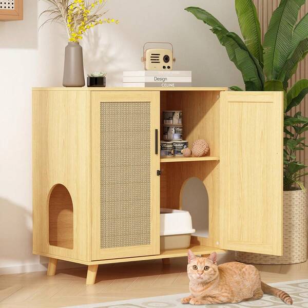 FUFU&GAGA 猫キャビネット 幅80 サイドボード 猫トイレ収納家具 ペットハウス キャットハウス サイザル麻 猫レストルーム 猫砂が飛散防止 リビング収納 玄関収納 扉付き 幅80×奥行50×高さ90cm おしゃれ ナチュラル
