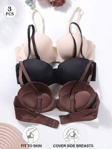 3件套女士纯色无钢圈文胸，带可拆卸肩带 - 彩色 - 查看 2