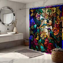 Colorful Artistic Print Waterproof Mildew-Resistant Weighted Bottom Shower Curtain, No Drilling Required, Painted Glass Style Hummingbird & Floral Pattern, Comfortable Bathroom Space - Red and Blue - View 7