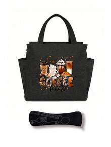 A Thermal Lunch Bag With Four Cups Of Black Coffee And Coffee Beans, Leopard Print Pattern Printed On It,Insulated Bag With The "Coffee Please" Pattern Paired With A Black Cutlery Storage Bag,Suitable For Work, Travel, School, Outings, Camping, Etc., Giving Birthday Gifts To Family And Friends, Valentine's Day, Wedding Season, Souvenirs, Bridesmaid Gifts, Ramadan ﻿ - Multicolor - View 15