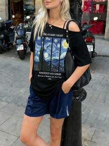 1件女士不对称露肩短袖T恤，星空印花，夏季 - 黑色 - 查看 4