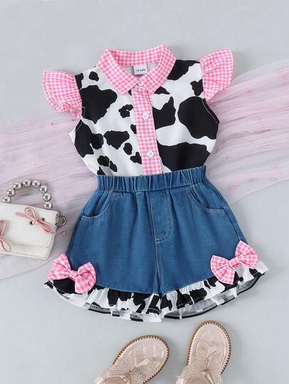 Conjunto de dos piezas para niña joven, blusa con manga de gorra a contraste de moda y atuendo lindo de mezclilla con lazo de cuadros vichy, de peso ligero para el verano