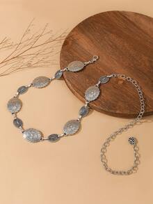 Women's Vintage Bohemian Style Silver Metal Embossed Floral Pattern Decorative Waist Chain, Fashionable Versatile Accessory To Pair With Dresses - Silver - View 12