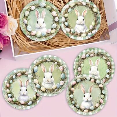 4/6pcs Round Wooden Coasters - Easter Bunny & Egg Print Design, 2D Flat Printing - Heat Resistant Drink Coasters, Ideal For Home And Office Decor | Perfect For Coffee Tables, Desks, Kitchens, Tabletops | Great For Mother's Day, Valentine's Day, Wedding Season, Birthday Parties | Decorative Tableware