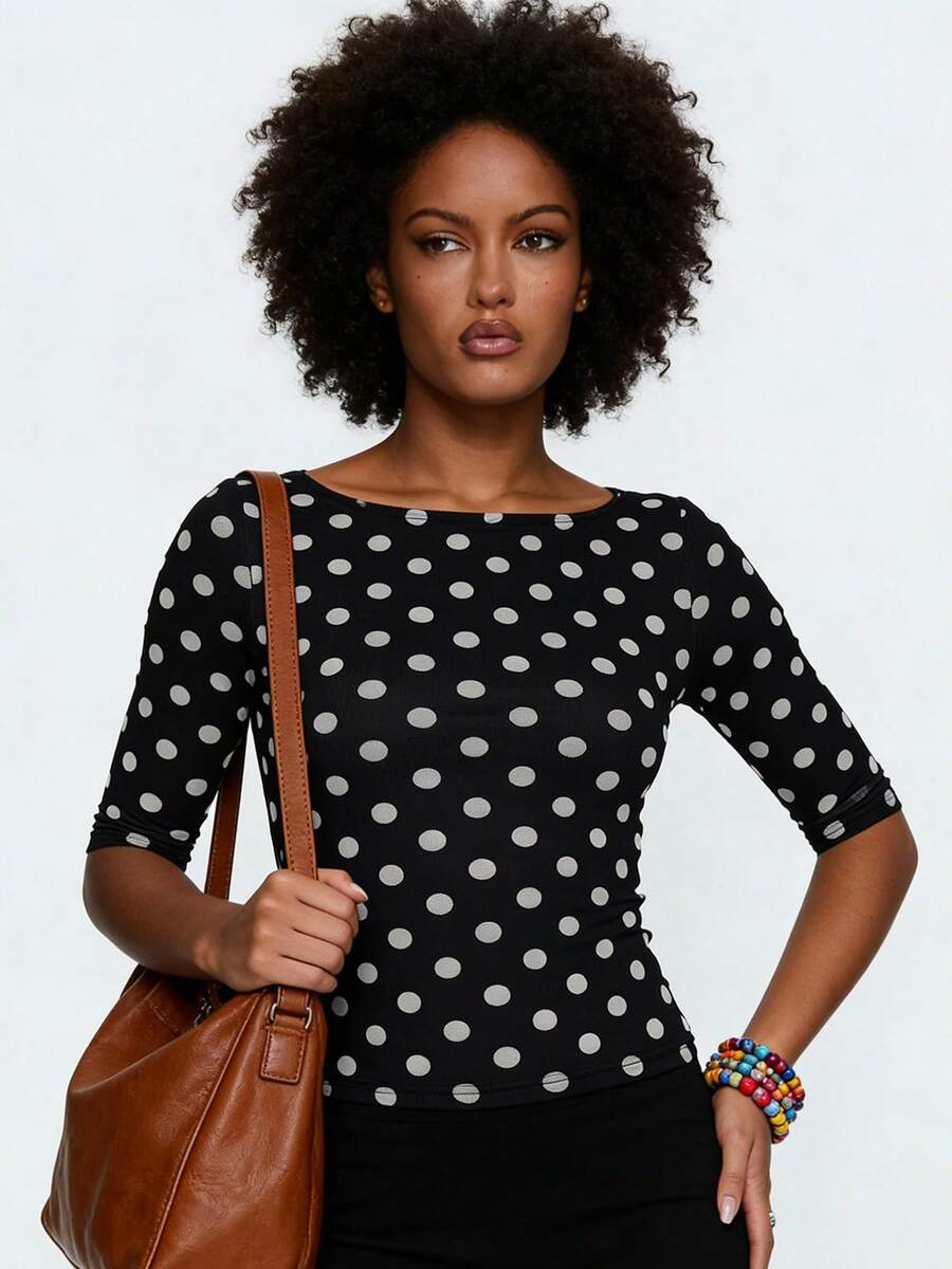 Women's Fall Dot Print Tops Fashionable Casual 3/4 Sleeve Slim Fit Boat Neck T Shirts - 黑色 - 查看 1