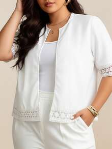 Plus Size Women White Jacket Coat, Spring/Summer Lace Patchwork Waist Fitted Short Sleeve Top, Casual Commuter Short Jacket - White - View 2