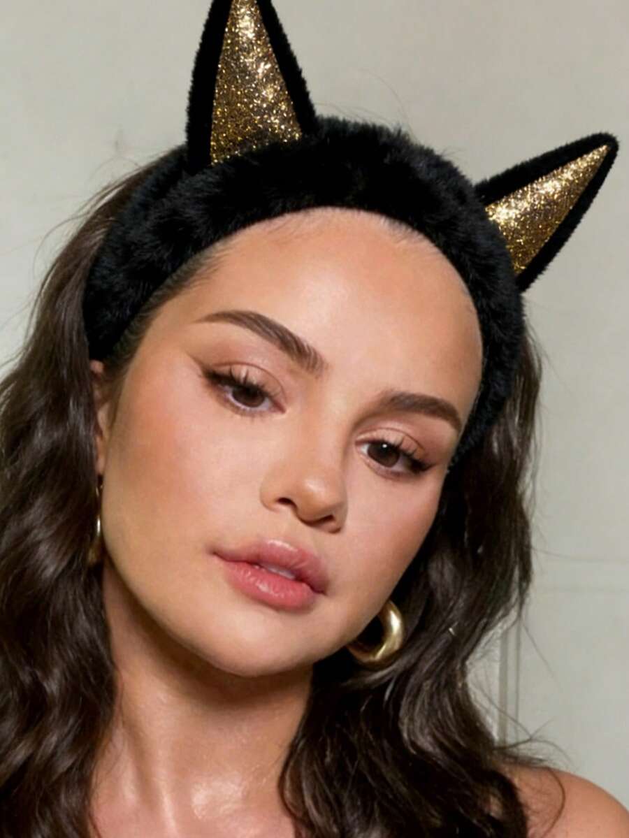 1 pieza Diadema elástica gruesa con orejas de gato de dibujos animados con brillo, adecuada para todas las estaciones, salidas casuales, fiestas, vacaciones y diversas ocasiones, accesorio de moda para el cabello de mujer - Multicolor - Ver 1