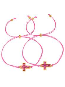 2pcs/Set Trending Crystal Cluster Resin Cross Wax Rope Bracelet, Suitable For Men, Women, Mother-Daughter, Sisters, Couples - Bracelet - View 5
