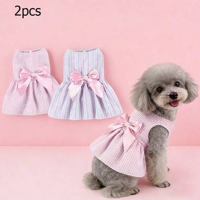 2件装黄紫色蝴蝶结宠物裙，适合春夏穿着，适合中小型猫狗，情人节或节日送礼佳品。